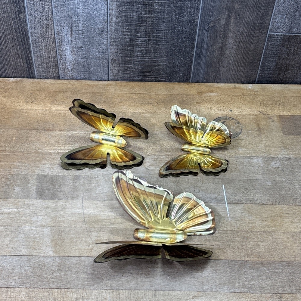 Vintage Brass Butterfly Wall Decor Set of 3 Gold Tone Metal Butterflies